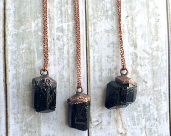Tourmaline crystal necklace | Raw tourmaline necklace | Raw black tourmaline pendant on copper chain | Rough tourmaline crystal pendant