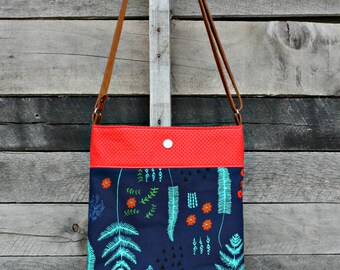 Crossbody Bag, Navy Fern, Genuine Leather, Everyday Purse, Adjustable Strap