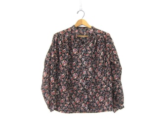 Sheer Floral Top Long Sleeve Billowy Blouse Flower Pattern Print Button Up Shirt Boho Chic Vintage Womens size Medium Large