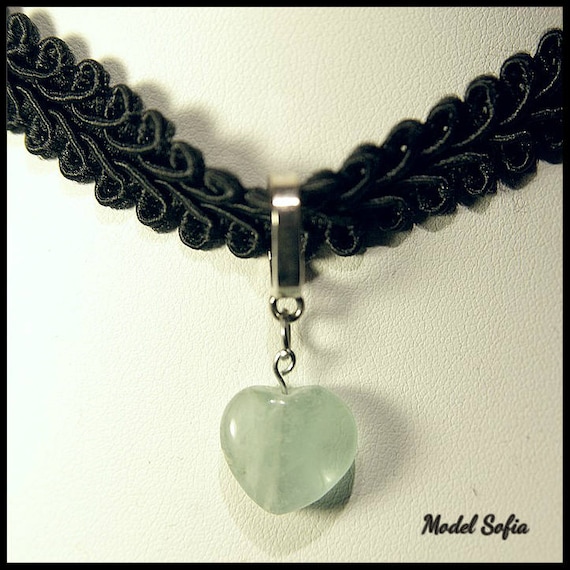 Aventurine Heart Lace Choker, Romantic Collection, Aventurine Necklace, Chakra Heart, Jewelry, Aventurine Necklace, Handmade, Lace Choker