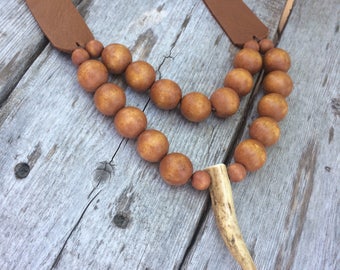Leather Necklace - Deer Antler - Soft - Rustic - Vintage Beads - Bohemian Style - Leather Jewelry by Stacy Leigh