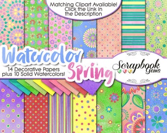 WATERCOLOR SPRING Digital Papers, 24 Pieces, 12" x 12", High Quality JPEGs, Instant Download flowers flowery springtime summer colorful