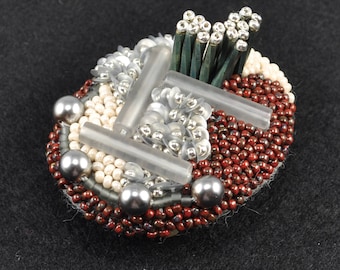 circle beads brooch, statement brooch, red and gray brooch, sparkly brooch, embroidered brooch, art brooch, oval brooch, cool brooch No.2