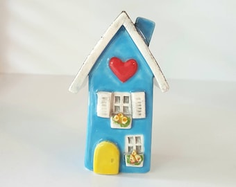 Little Light Blue Clay House, Whimsical Ceramic Fairy House, Gnome Home, Fairy Garden or Terrarium Decoration