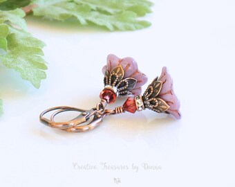 Copper Earrings, Czech Bell Flowers, Swarovski Crystals, Rhinestone Spacers, Purple Flower Earrings, Victorian Earrings, Bridesmaid Gift