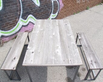 Unfinished Barnwood and Metal Dinig Room Table and Stools
