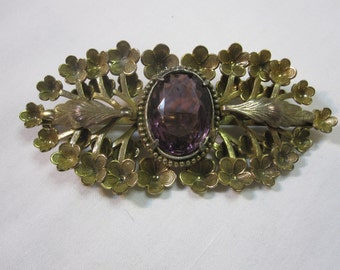 Large Victorian Sash Pin with Purple Stone and Flowers