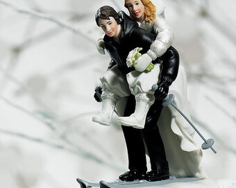 Custom Hair Color Winter Skiing Couple Fun Wedding Cake Topper