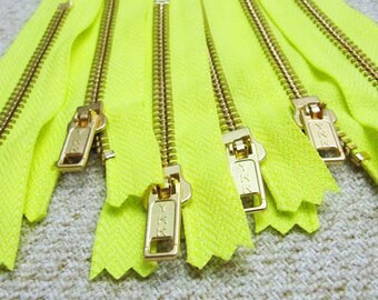 4inch - Neon Yellow Metal Zipper - Gold Teeth - 6pcs