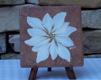 Hand Painted Tile Trivet with White Poinsettia