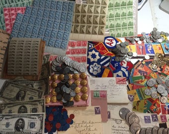 MEGA LOT(19 pc) WWII Coins+Currency+Stamps+Tokens+Pinups+Uniform+Memorabilia