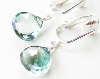 Light Bottle Green Teardrop Clip On Earrings, Pale Green Hydroquartz Drop Dangle Clipons for Non Pierced Ears, Silver Ear Clips, Dainty Moss