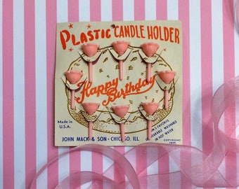 Vintage 1940s Birthday Candle Holders Pink Plastic Flowers Floral Retro Cake Décor Mid Century