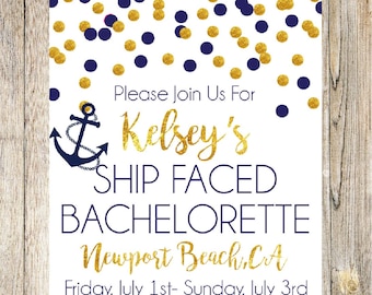 Nautical Bachelorette Invitation, Navy and Gold, Glitter Bachelorette Shower Invitation, Glam, Tying the Knot, Bachelorette Party,Ship Faced