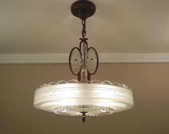 Vintage Art Deco Chandelier early 1940's IMPERIALITES Glass & Solid BRONZE Ceiling Light Fixture 5 Sockets Large 16.5" Rewired