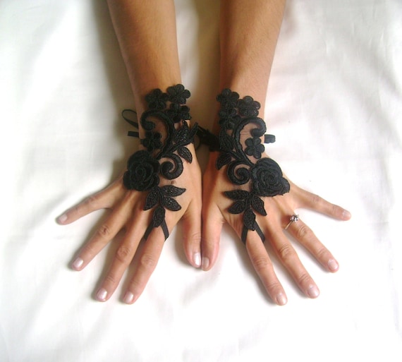 Rose goth gothic lace black Wedding gloves bridal gloves fingerless gloves Halloween costume french lace vampire