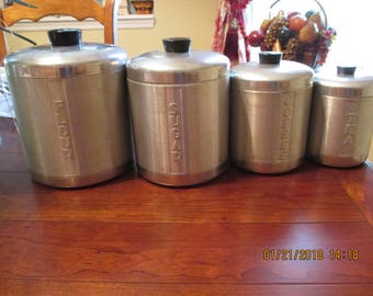 Vintage Set of Aluminum Canister Set c1950s ~ Flour ~ Sugar ~ Coffee ~ Tea