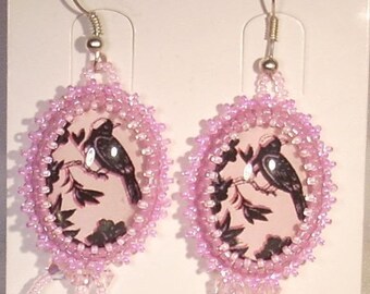 Earrings cabochon embroidered Bird on branch printed pink Swarovski Crystal