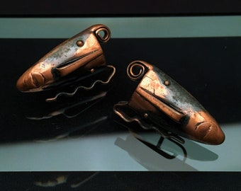 Unsigned Francisco Rebajes Modernist/Brutalist Copper Mask Earrings, ca. 1950's