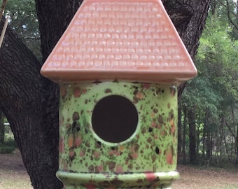 Birdhouse, ceramic, lime, orange, chocolate, garden decor, handmade in the USA