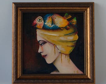 Original oil painting on Canvas, Original Painting "Golden Fish"