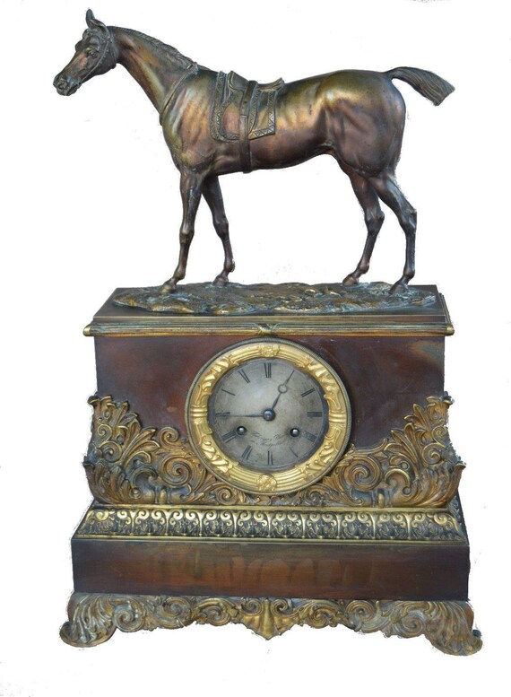 French Antique Empire Bronze Mantel Clock Horse Shelf Clock
