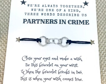 Partners in Crime handcuff charm wish bracelet / waxed cord bracelet / best friends