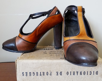 Womens leather shoes brown Mary Janes high heel shoes with ankle strap genuine leather shoes women Vintage 1970s size 36 US 6