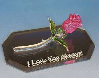 Handmade Blown Glass - Pink Rose with glitter!