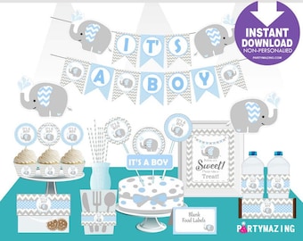 Printable Baby Blue Elephant Baby Shower Set, Drop Water, Boy EXPRESS Party Package, Party Decoration Kit, Instant Download BBEB2 XWZ -D719