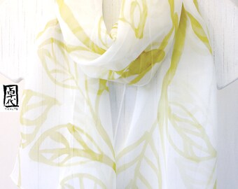 Handpainted Silk Scarf White, Olive Green Zen Leaves, Green Silk Scarf. Japanese Scarf. Silk Chiffon Scarf. 10x58 inches. Made to order.