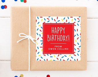 Personalized Birthday Gift Labels - Multicolored Sprinkles Present Stickers - Set of 12