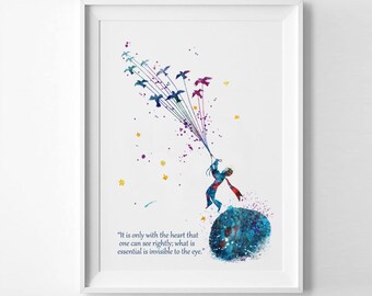 The Little Prince Quote Only With The Heart Watercolor Prints Le Petit Prince Nursery Kids poster Saint-Exupéry art Principito (Nº4)