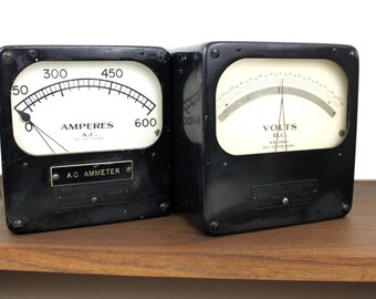 Vintage Weston Meter Bookends 496 Amperes Volts A.C. Metal Gauge Steampunk Electrical Science Test Decade Resistence Box Voltage Volt Large