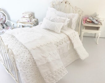 White Shabby Cottage Chic Dollhouse Bedding Set- 1:12 Scale Single Bed