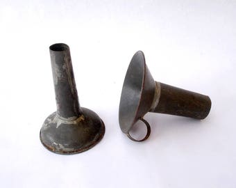 Vintage funnels, vintage set of two funnels, vintage French metal funnels, farm style kitchen