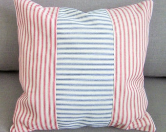 Red and Blue Ticking Pillow Cover, Decorative Pillow, Various Sizes