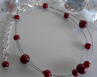 Bracelet wedding 2 rows Burgundy pearls