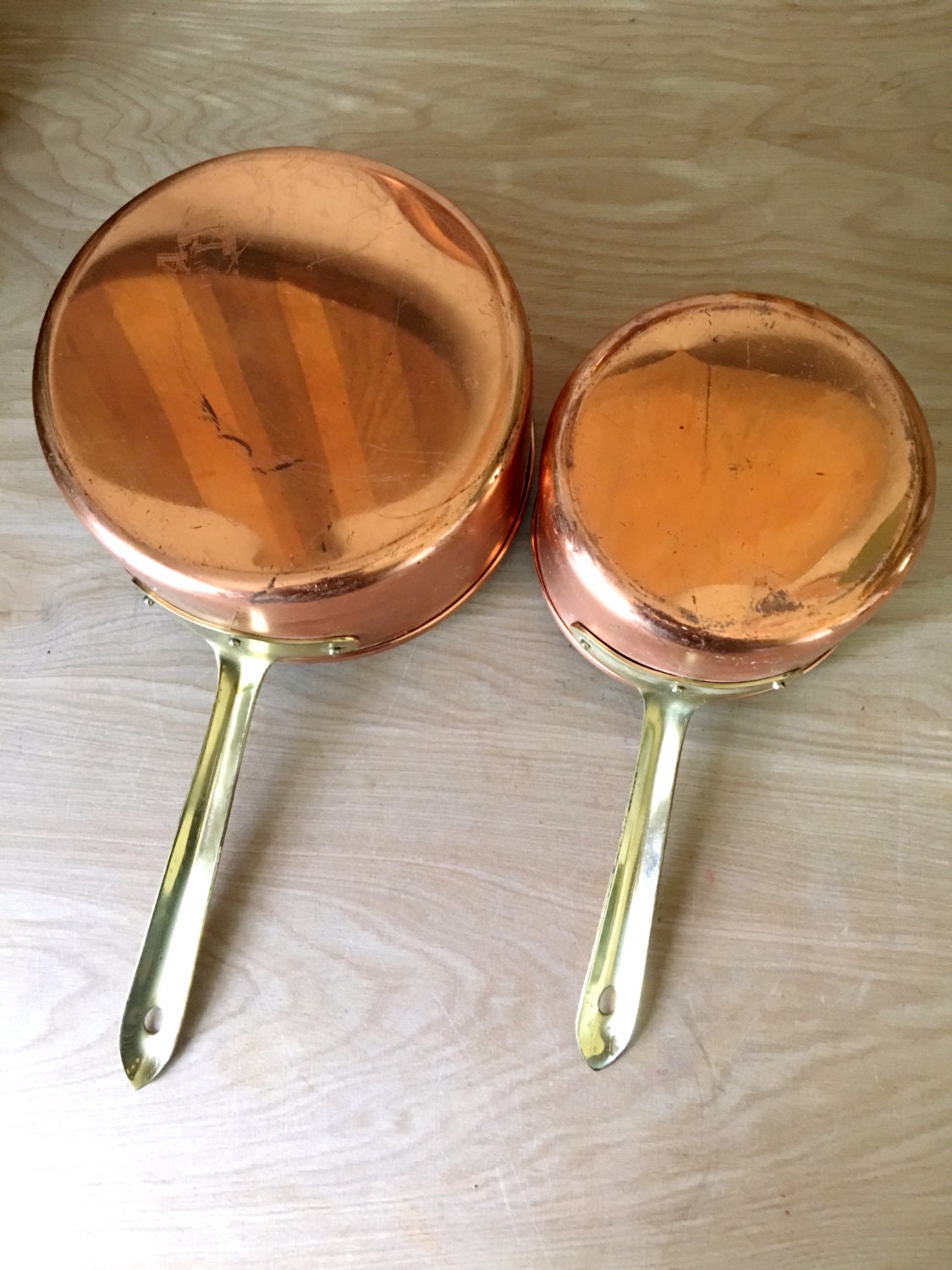 Mid Century Tagus Portugal Copper Pots With Brass Handle 7894