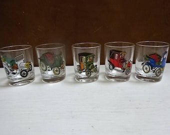 Set of 5 Reims France Shot Glasses/Vintage Cars/Vintage/1970s