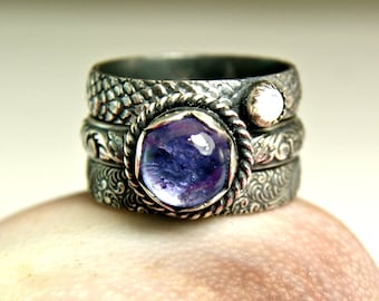 Tanzanite Stacking Ring, Sterling Silver Natural Gemstone Ring, Mother of Pearl Jewelry, Blue Stone Ring