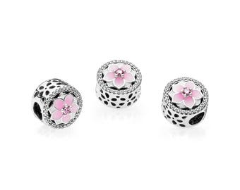 Magnolia Bloom Charm, Pale Cerise Enamel & Pink CZ