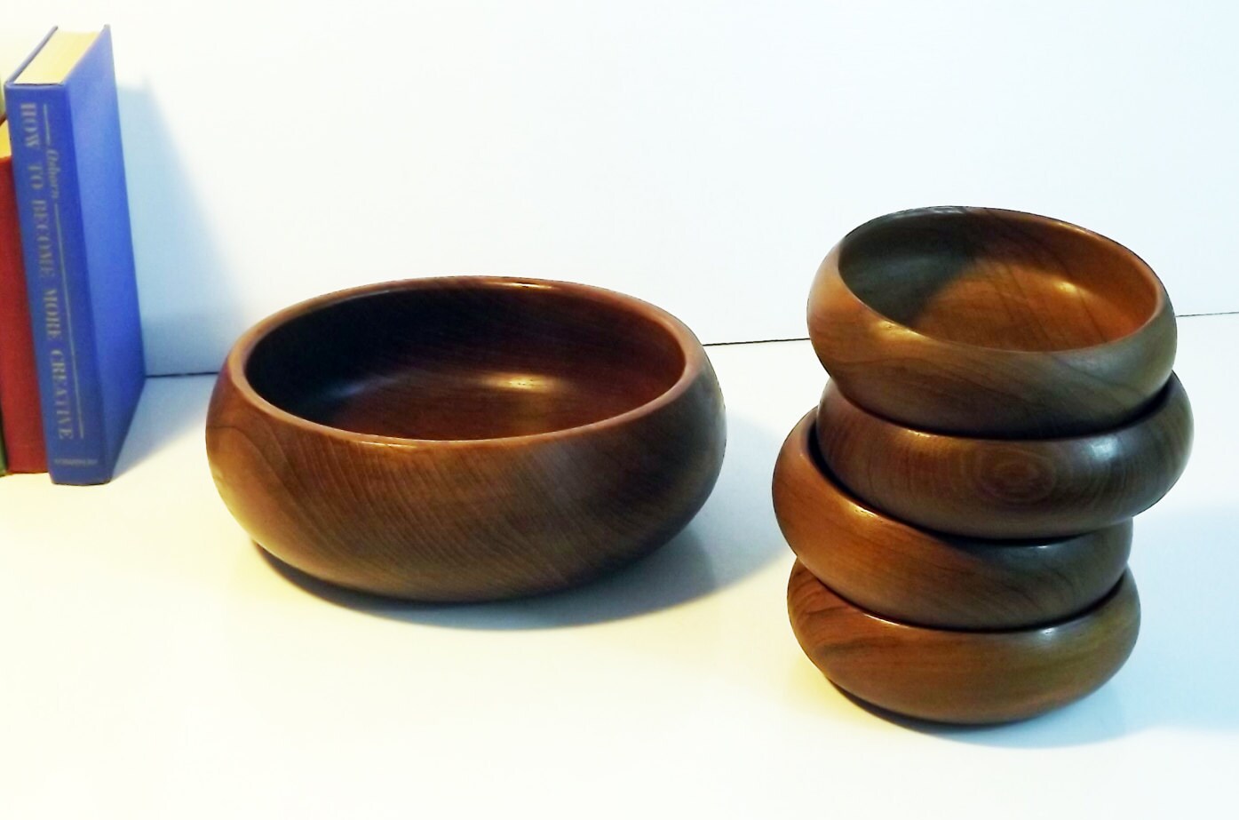 Wood Salad Bowls Set of Vintage Wooden Rustic Teak Made in Thailand