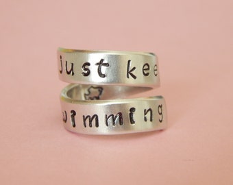 Just keep Swimming - Hand Stamped Aluminum Spiral Ring, Inspirational Ring, Gift Under 20