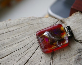 really red iridescent fused glass pendant