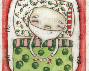 Print of my Original Whimsical Christmas Santa Mixed Media Painting - Snoozin Santa