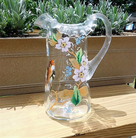 Antique Victorian Art Glass Pitcher / Enamel Hand Painted Bird Flowers / Ruffled Crimped Top