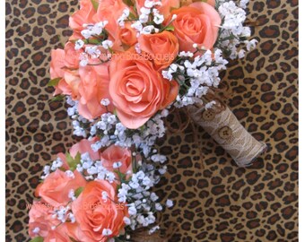 New Artificial Rustic Coral Reef Bridal Bouquet, Silk Coral Reef Wedding Flowers