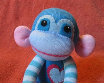Happy - Best Friend Sock Monkey Plush - Blue Stripes Pink - Handmade Doll