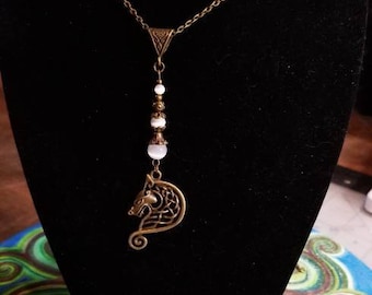 18" Celtic Wolf pendant necklace with White Cat Eye beads